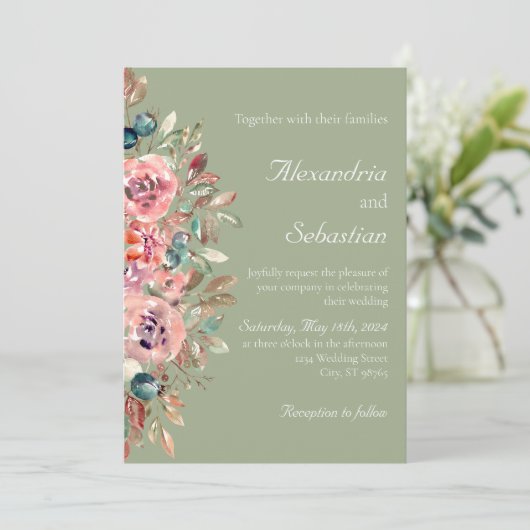 Invitation Mariage de feuillage de feuillage Floral Bleu Vert (Debout devant)