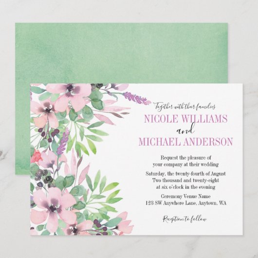 Invitation Mariage de feuillage de l'aquarelle Spring Lilac (Devant / Derrière)