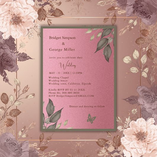 Invitation mariage de feuillage de parties scintillant rose