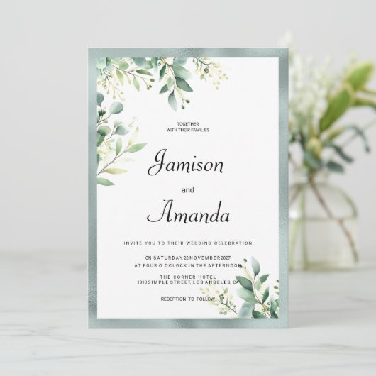 Invitation Mariage de feuillage d'eucalyptus rustique vert me (Debout devant)