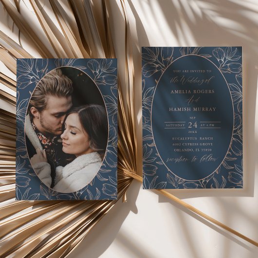 Invitation Mariage de feuillage d'or bleu et Rose moderne