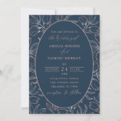 Invitation Mariage de feuillage d'or bleu et Rose moderne (Devant)