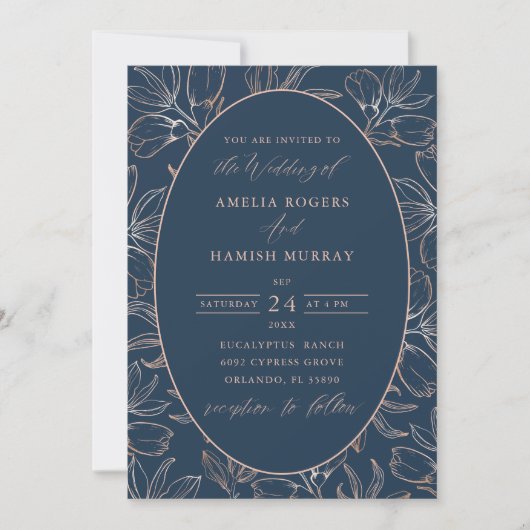 Invitation Mariage de feuillage d'or bleu et Rose moderne (Devant)