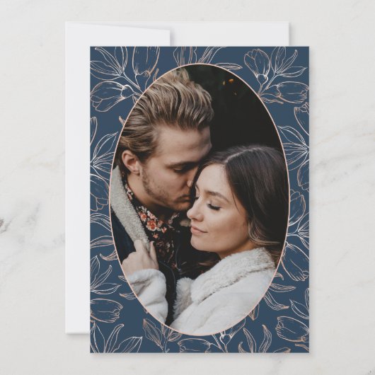 Invitation Mariage de feuillage d'or bleu et Rose moderne (Dos)