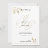 Invitation Mariage de feuillage du monogramme d'or blanc (Devant)