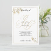 Invitation Mariage de feuillage du monogramme d'or blanc (Debout devant)