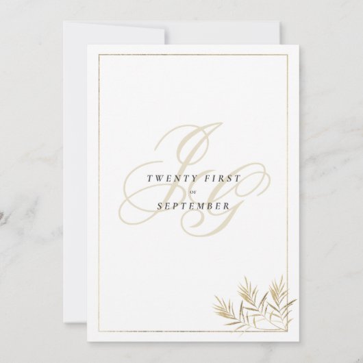 Invitation Mariage de feuillage du monogramme d'or blanc (Dos)