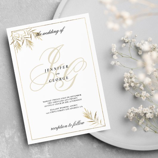 Invitation Mariage de feuillage du monogramme d'or blanc