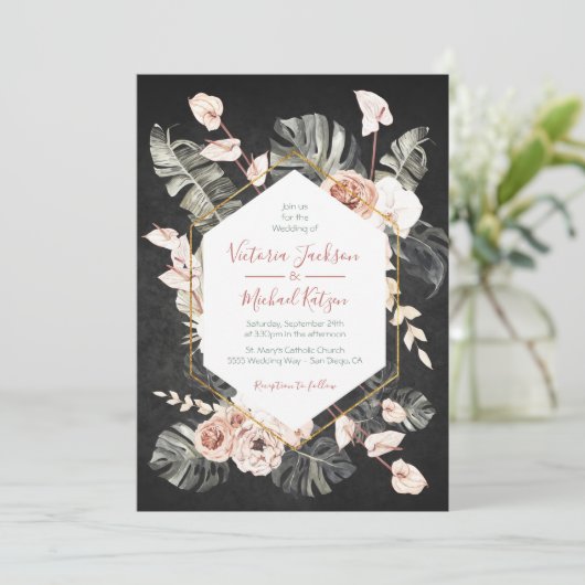 Invitation Mariage de feuillage en terre cuite et vert tropic (Debout devant)