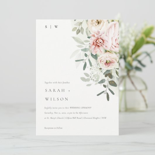 Invitation Mariage de feuillage Eucalyptus Pink (Debout devant)