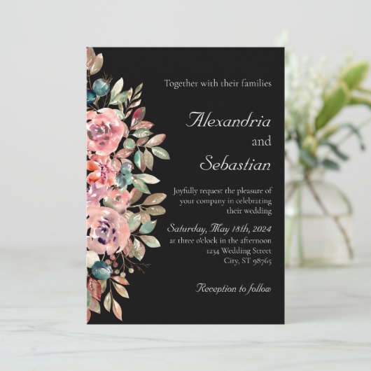 Invitation Mariage de feuillage floral noir (Debout devant)