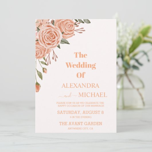 Invitation Mariage de feuillage moderne Peach Fuzz (Debout devant)