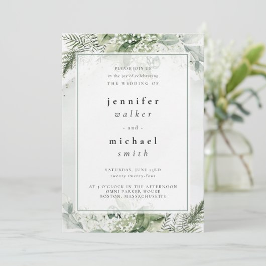 Invitation Mariage de feuillage rustique, blanc et vert (Debout devant)