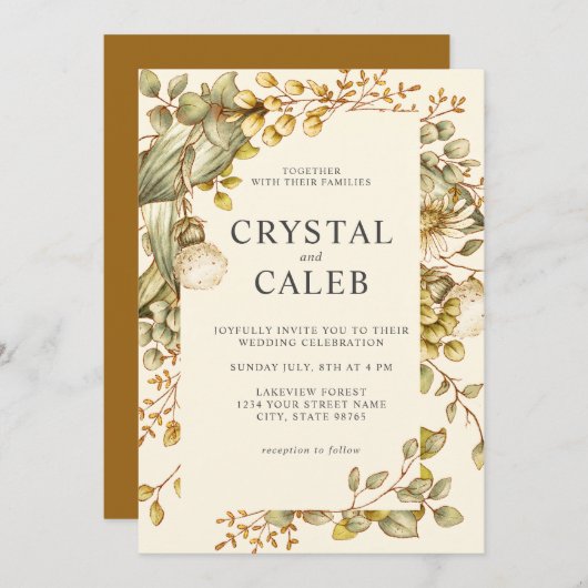 Invitation Mariage de feuillage Rustique Gold Green Eucalyptu (Devant / Derrière)