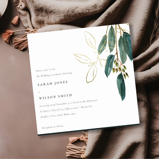 Invitation Mariage de feuillage simple Gold Green Eucalyptus