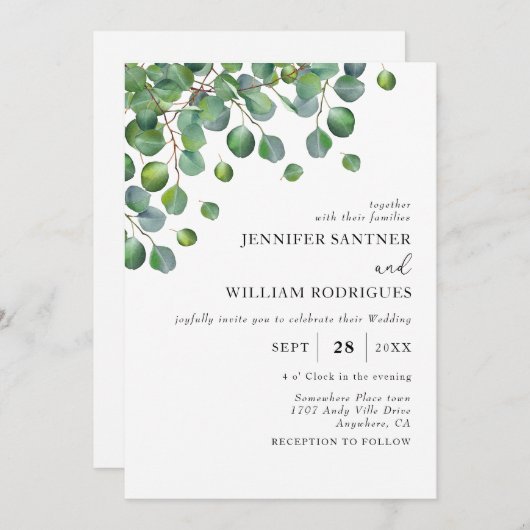 Invitation Mariage de feuillage vert Budget (Devant / Derrière)