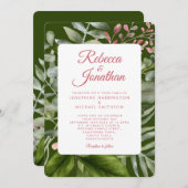 Invitation Mariage de feuillage vert émeraude rose (Devant / Derrière)