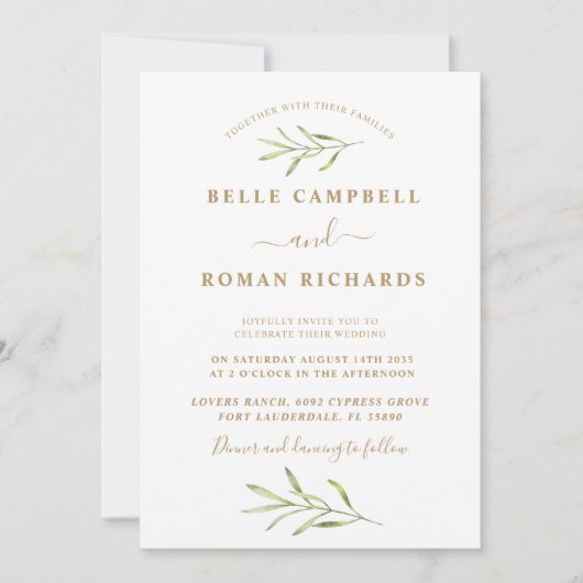 Invitation Mariage de feuillage vert et blanc simple (Devant)