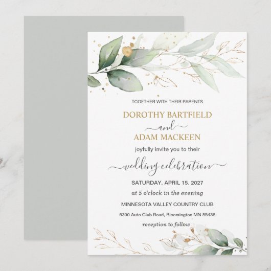 Invitation Mariage de feuillage vert et or (Devant / Derrière)