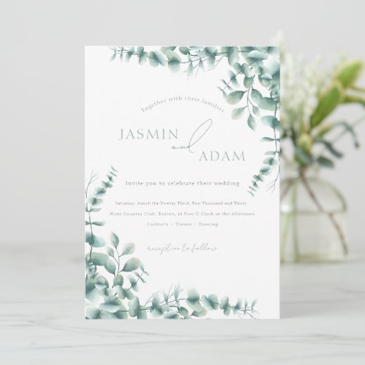 Invitation Mariage de feuillage vert Feuille Sage Eucalyptus (Debout devant)