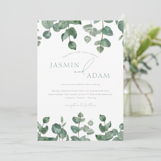 Invitation Mariage de feuillage vert Feuille Sage Eucalyptus (Debout devant)