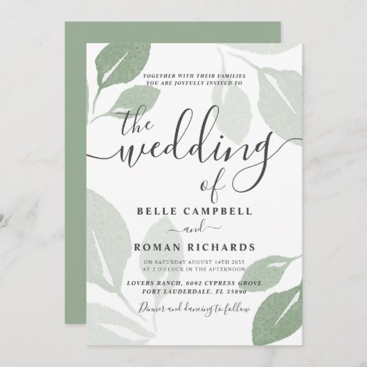 Invitation Mariage de feuillage vert Sage moderne (Devant / Derrière)