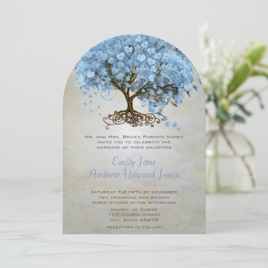 Invitation Mariage de feuille d'arbre de coeur bleu de la for (Debout devant)