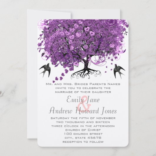 Invitation Mariage de feuille d'arbre de coeur violet radiant (Devant)