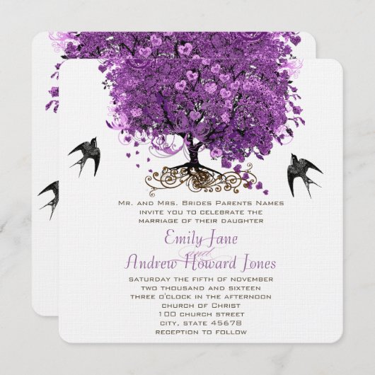 Invitation Mariage de feuille d'arbre de coeur violet radiant (Devant / Derrière)