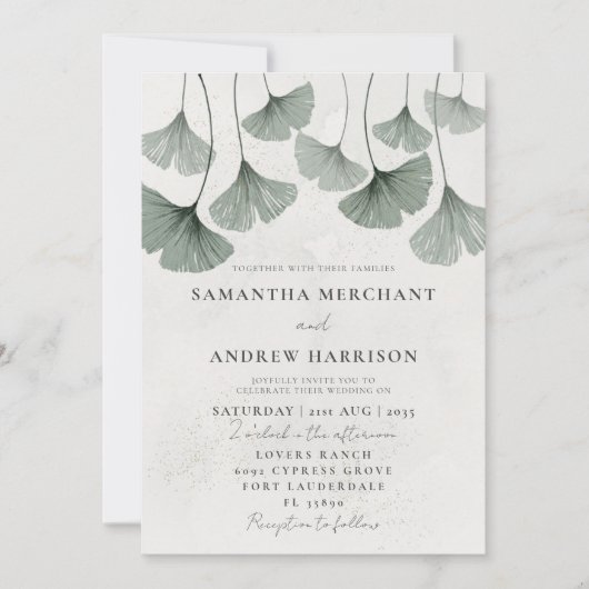 Invitation Mariage de feuille de Ginkgo vert Sage rustique (Devant)