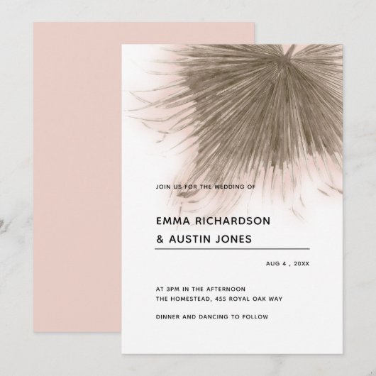 Invitation Mariage de feuille de palme rose tropicale minimal (Devant / Derrière)