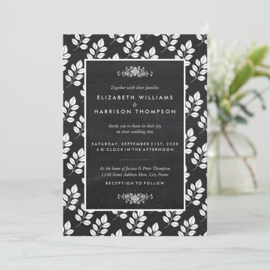 Invitation Mariage de feuille florale de tableau noir (Debout devant)