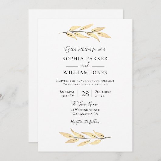 Invitation Mariage de feuille or élégant moderne (Devant / Derrière)