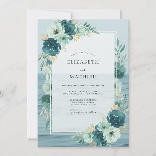 Invitation Mariage de feuille peinte en cyan (Devant)