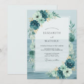 Invitation Mariage de feuille peinte en cyan (Devant / Derrière)