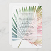 Invitation Mariage de feuille verte rose tropicale (Devant / Derrière)