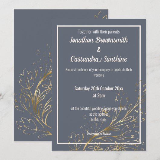 Invitation Mariage DE FEUILLES BLEUSES D'OR DE LA MARINE (Devant / Derrière)