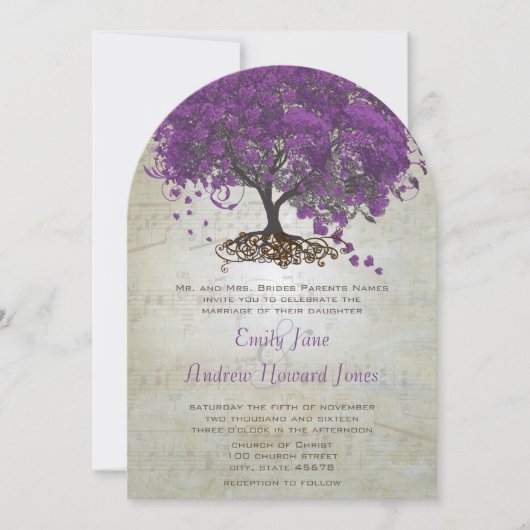 Invitation Mariage de feuilles de coeur violet invite (Devant)