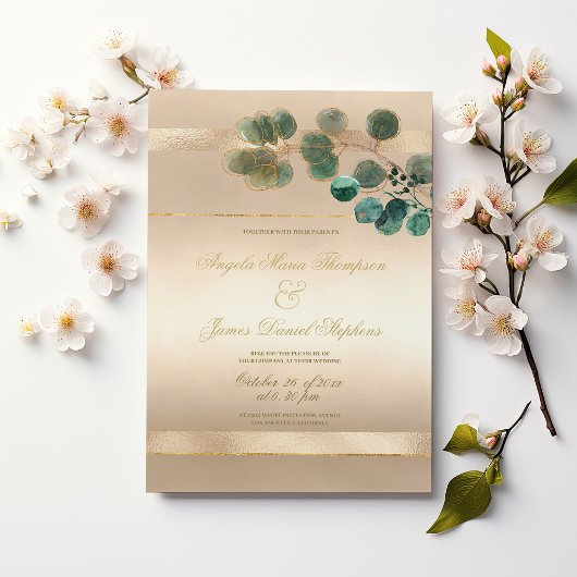 Invitation Mariage de feuilles de eucalyptus vert or luxe 