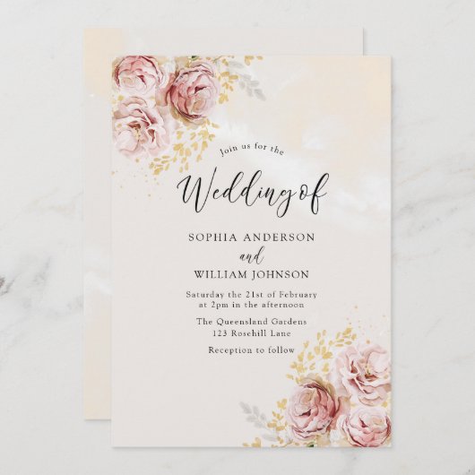 Invitation Mariage de finition en marbre floral (Devant / Derrière)