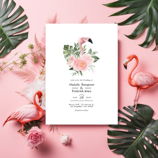 Invitation Mariage de Flamant rose rose tropique exotique