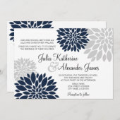 Invitation Mariage de flambée florale bleu marine et gris arg (Devant / Derrière)