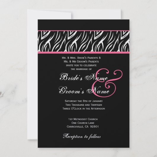 Invitation Mariage de flamme noir blanc rose Zèbre métal (Devant)