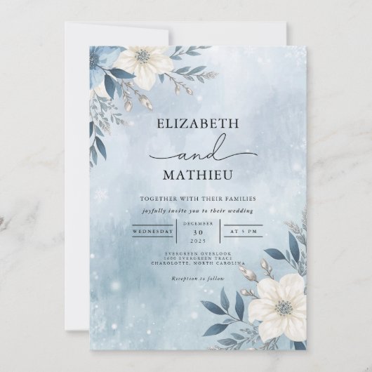 Invitation Mariage de fleur de branches bleues gelées (Devant)