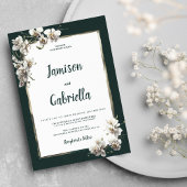 Invitation Mariage de fleur d'orchidée blanche glam vert fonc