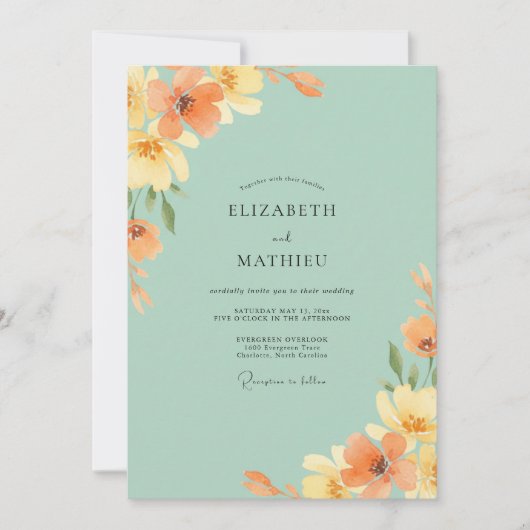 Invitation Mariage de Fleur Sauvage Orange Mousse de Mer (Devant)