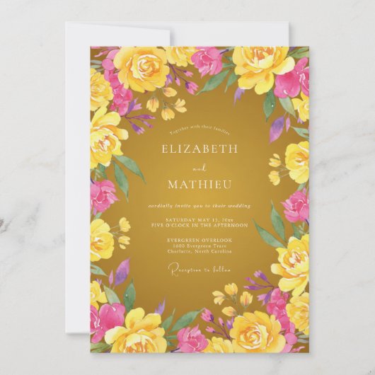 Invitation Mariage de Fleur Sauvage Rose et Moutarde (Devant)