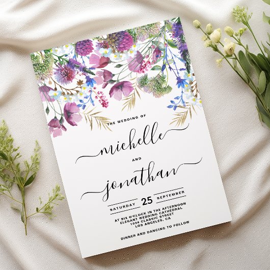 Invitation Mariage de fleur sauvage rose violet menthe or