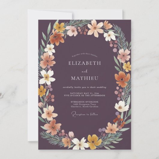 Invitation Mariage de Fleur Sauvage Tropicale de Prune Profon (Devant)