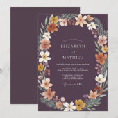 Invitation Mariage de Fleur Sauvage Tropicale de Prune Profon (Devant / Derrière)